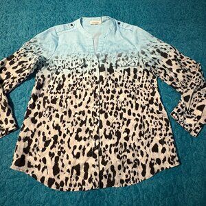 Calvin Klein Light Blue Black Leopard Print Button Down Shirt Women's Size L
